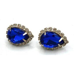 SIlver Tone & Blue Rhinestone Pear Shaped Clip On Earrings - Vintage